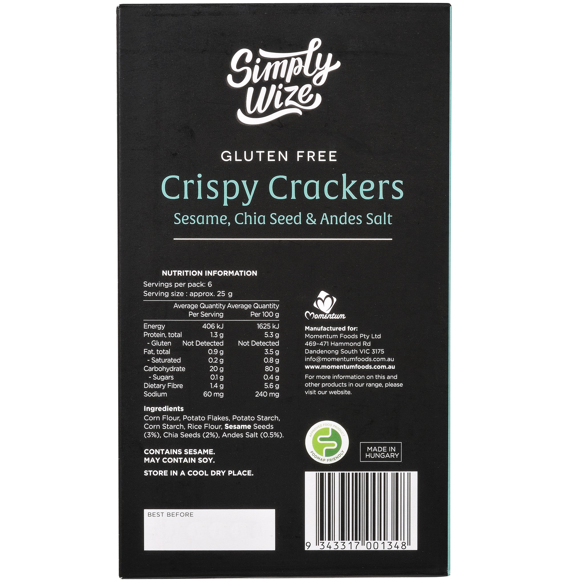 Simply Wize Crispy Crackers Sesame, Chia Seed & Andes Salt (150g)