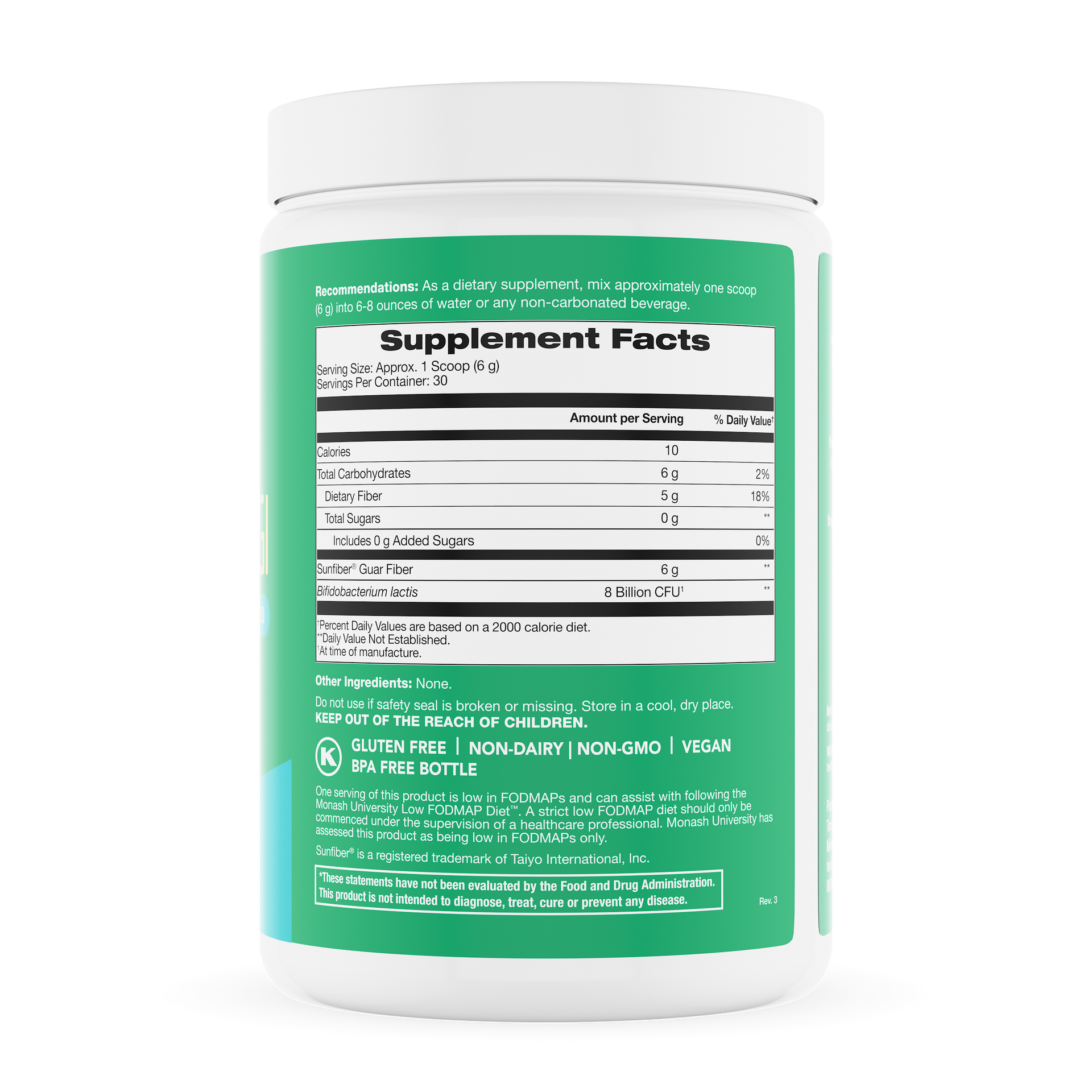 Tomorrow's Nutrition Sunfiber GI Partially Hydrolysed Guar Gum PHGG + Probiotics - 30 Day Powder Cannister (180g)
