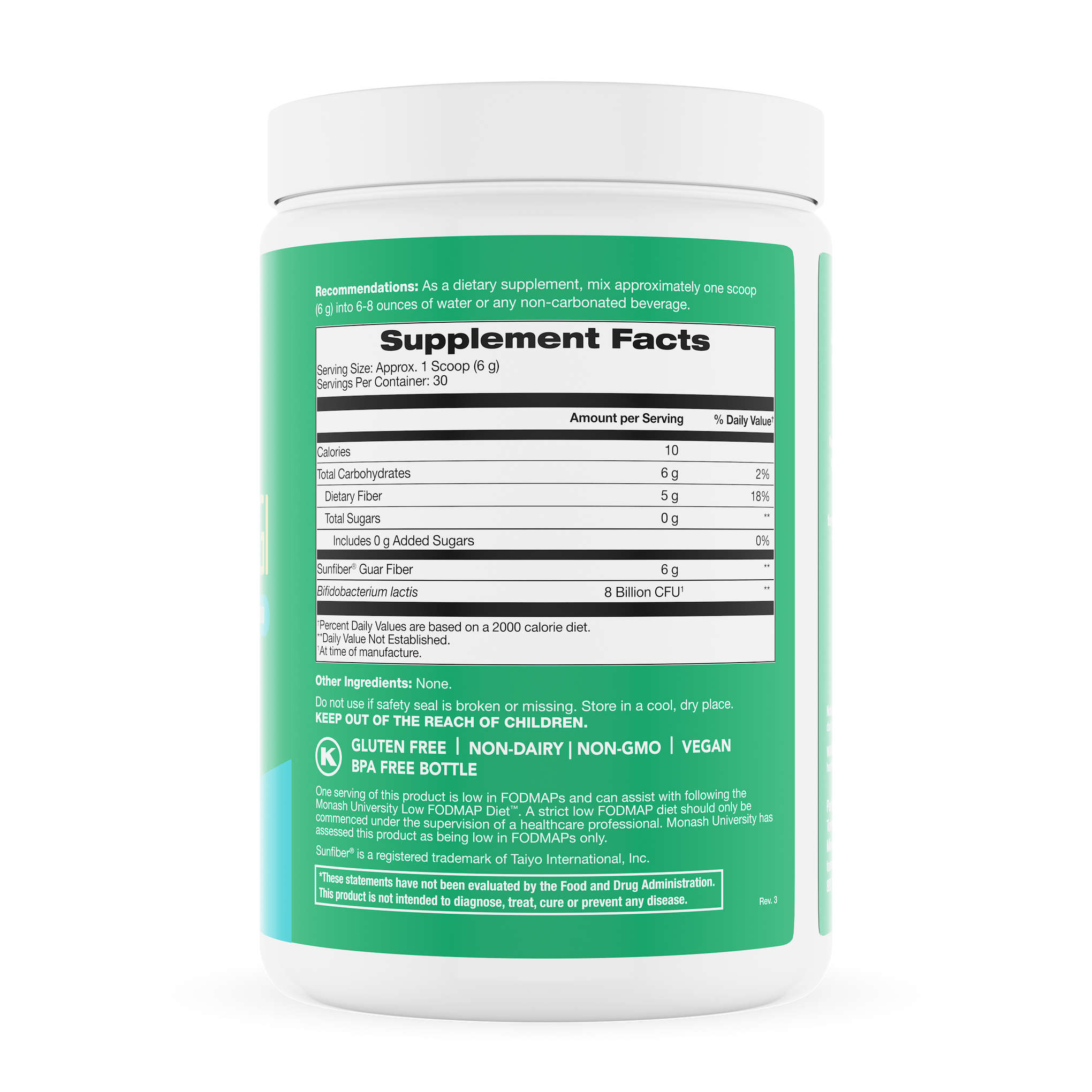 Tomorrow's Nutrition Sunfiber GI Partially Hydrolysed Guar Gum PHGG + Probiotics - 30 Day Powder Cannister (180g)