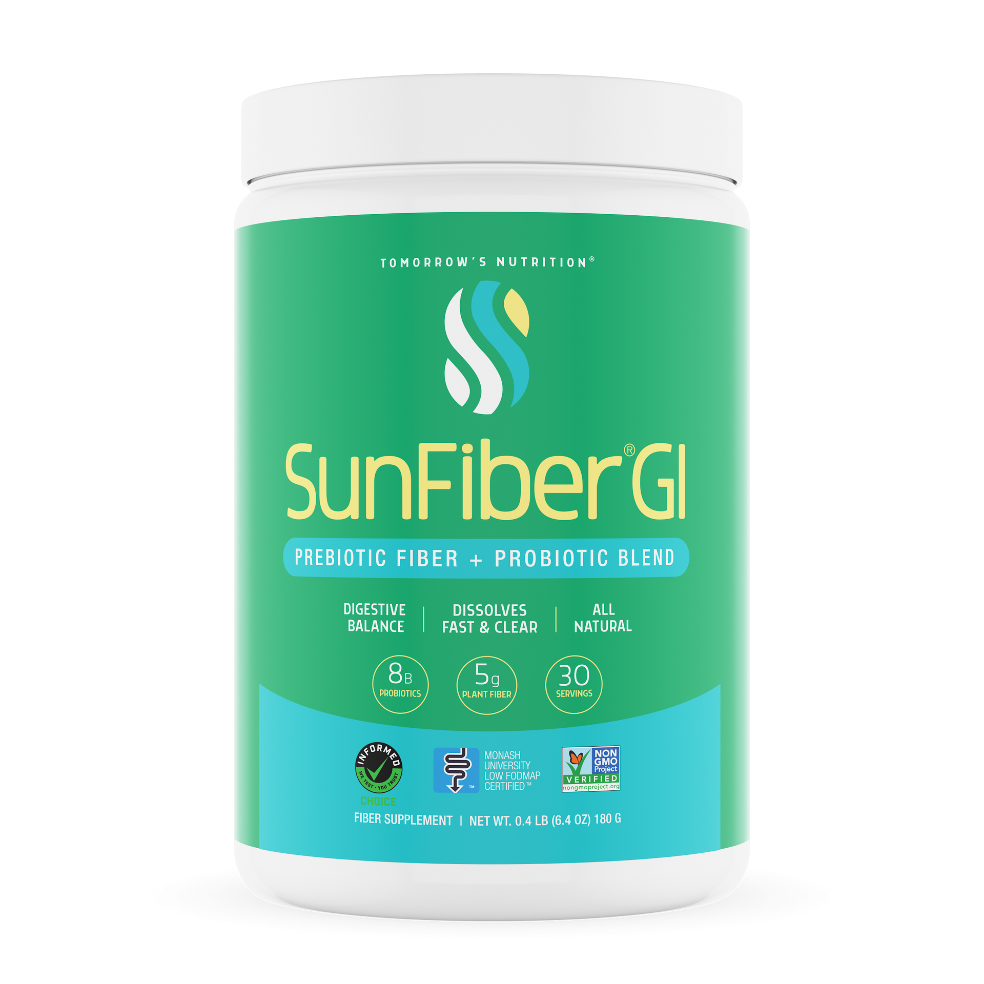 Tomorrow's Nutrition Sunfiber GI Partially Hydrolysed Guar Gum PHGG + Probiotics - 30 Day Powder Cannister (180g)