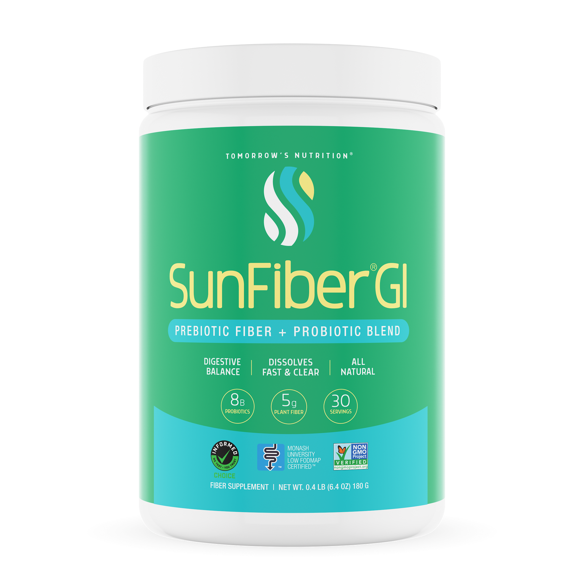 Tomorrow's Nutrition Sunfiber GI Partially Hydrolysed Guar Gum PHGG + Probiotics - 30 Day Powder Cannister (180g)