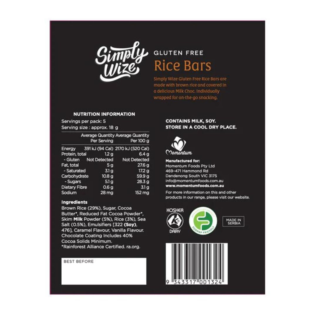 Simply Wize Gluten Free Rice Bars - Milk Choc Salted Caramel (90g)