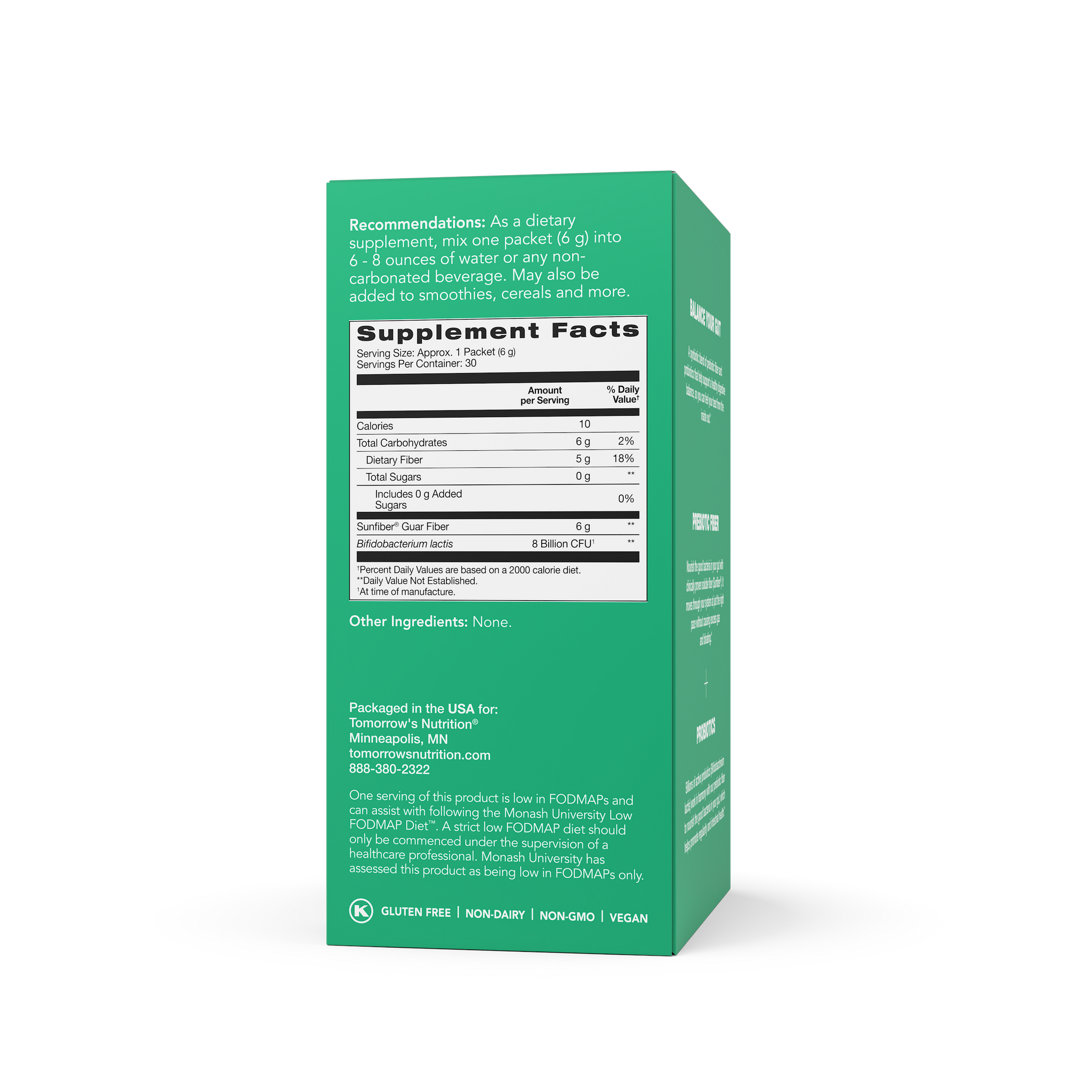 Tomorrow's Nutrition Sunfiber GI Partially Hydrolysed Guar Gum PHGG + Probiotics - 30 Stick Packs (180g)