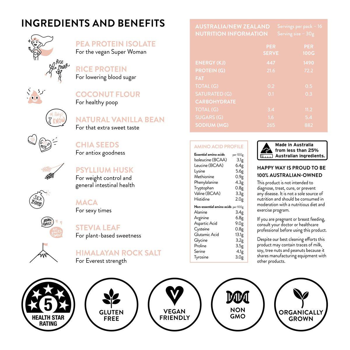 Happy Way Pea Protein Powder Vanilla (500g)-Vitamins & Supplements-Foods ﻿Online Australia | FodShop