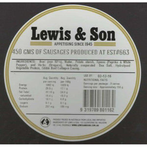 Lewis & Son Natural Aussie Snag (450g) - REQUIRES REFRIGERATION