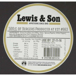 Lewis & Son Natural Beef Burgers (500g) - REQUIRES REFRIGERATION