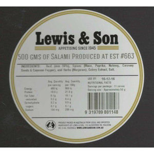 Lewis & Son Natural Beef Salami Chub (500g) - REQUIRES REFRIGERATION
