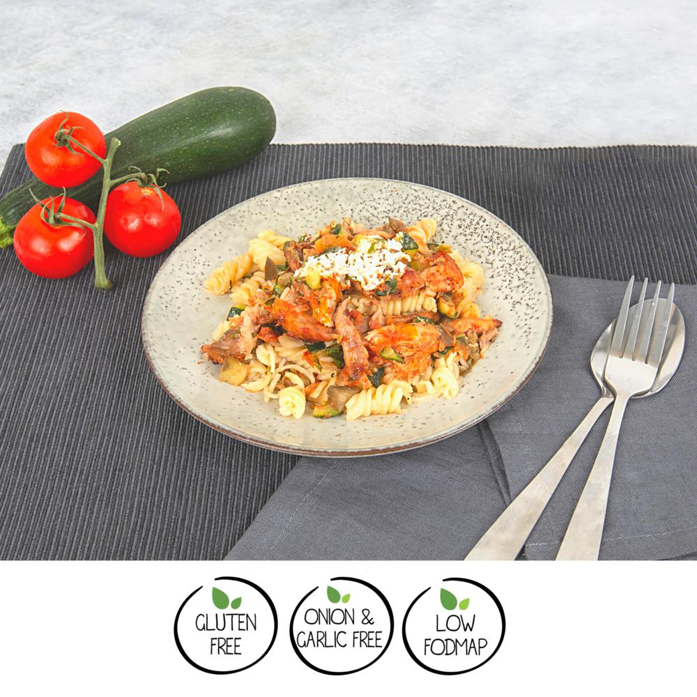 We Feed You Chicken Eggplant Pasta w/ Capers, Goats Cheese